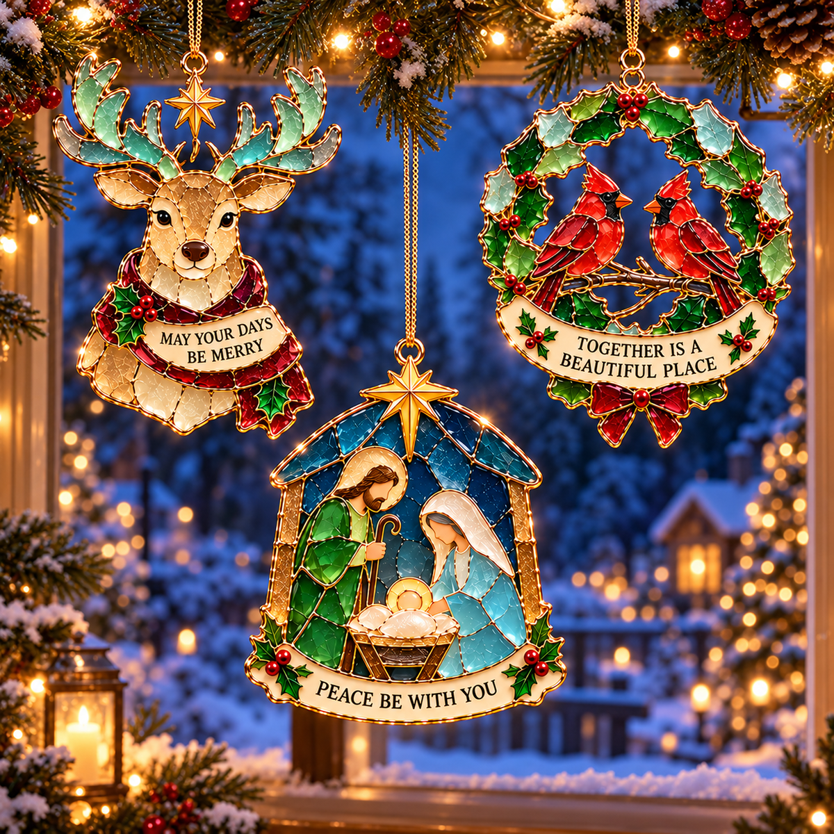 Christmas Wishes — 6-Piece Stained Glass–Style Ornament Set with Heartfelt Blessings