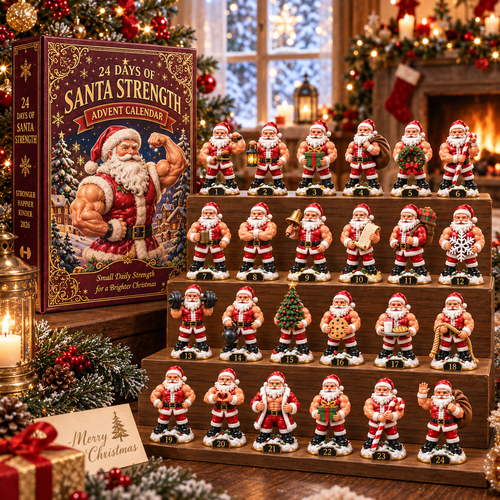 2026 Santa Strength 24-Day Countdown Calendar – 24 Unique Muscular Santa Miniatures, Funny Fitness Christmas Collectible Gift for Gym & Santa Lovers