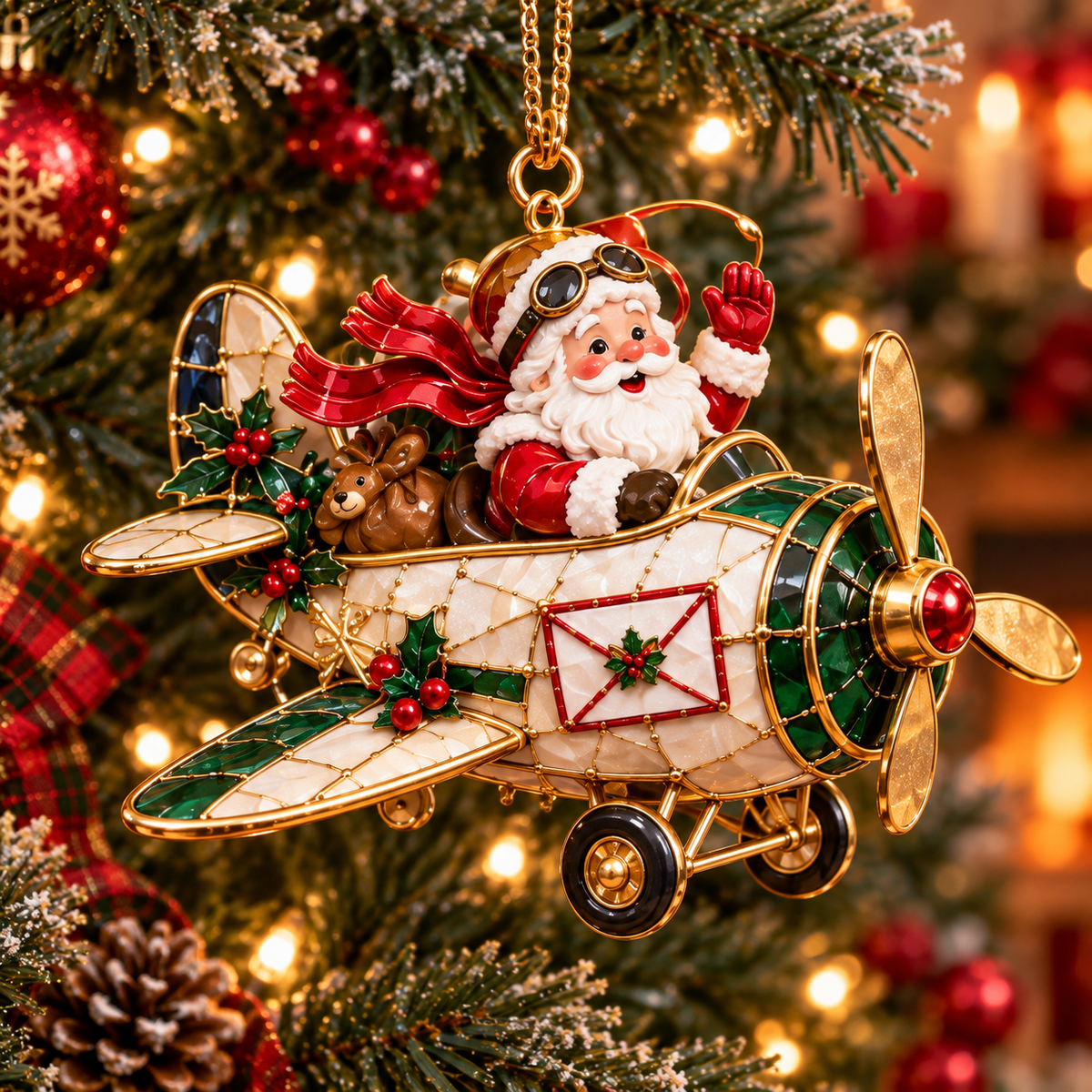 Santa’s Christmas Flight – 6-Piece Vintage Santa Airplane Ornaments Collection | Christmas Tree Decorations & Holiday Gift