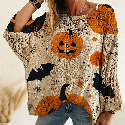 Women's Long-Sleeve Style Knitwear Piece, Halloween Pumpkin-Bat Print Casual Fall Pullover🎃 - image 15