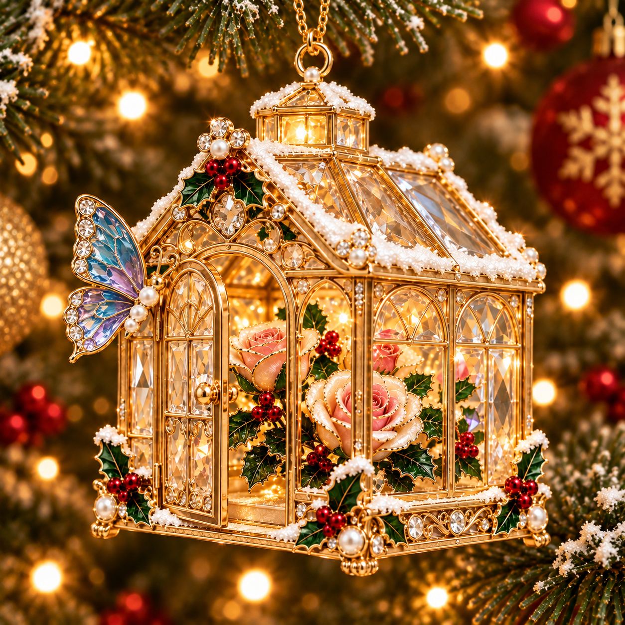 Butterfly Christmas Ornament  –  Elegant Holiday Keepsake Collection, Poinsettia & Rose Christmas Gift for Mom, Grandma & Butterfly Lovers