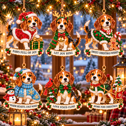 2026 Beagle Christmas Ornament Gift Set – 6 Festive Designs with Stained Glass Style & Heartwarming Wishes