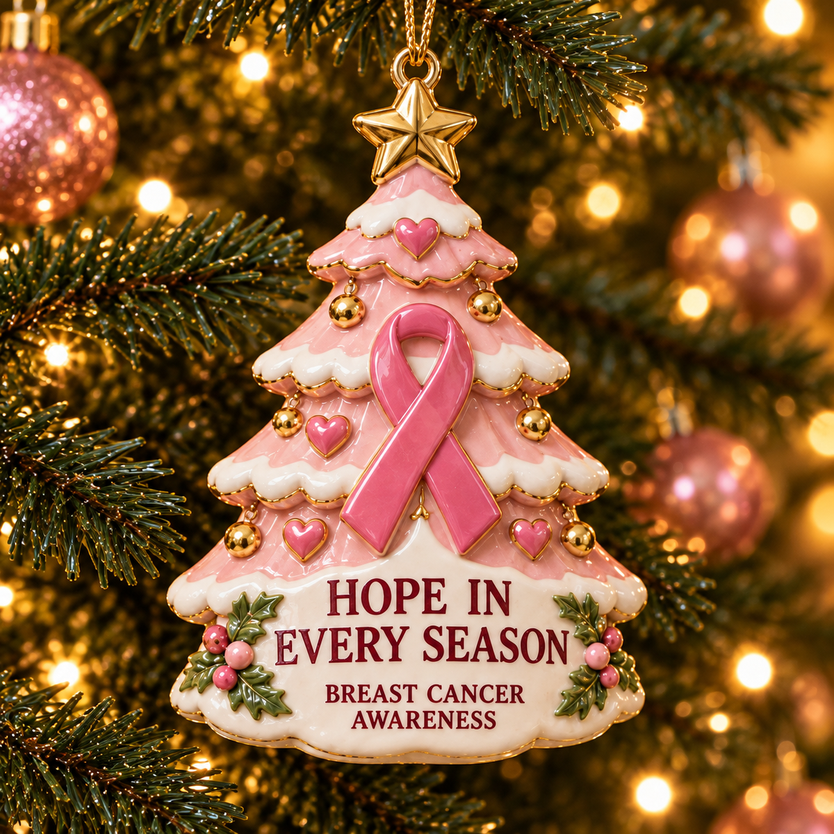 Pink Ribbon Christmas Ornaments – 6-Piece Breast Cancer Awareness Gift Set of Hope, Love & Support