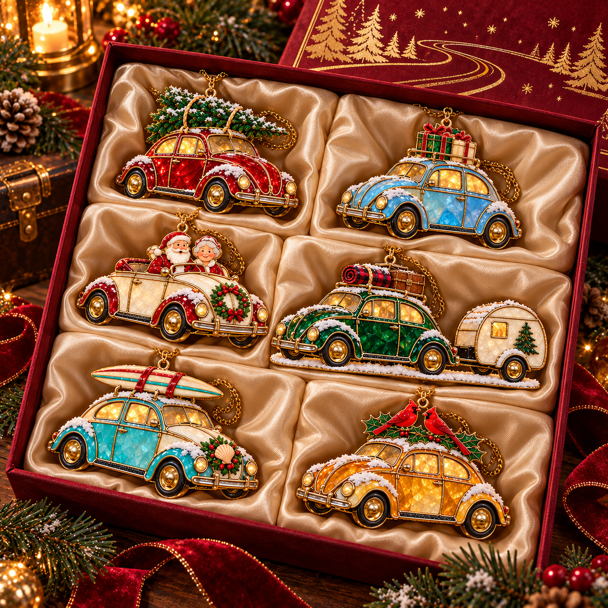 Vintage Christmas Rides – 6-Piece Stained-Glass Style Car Ornament Set
