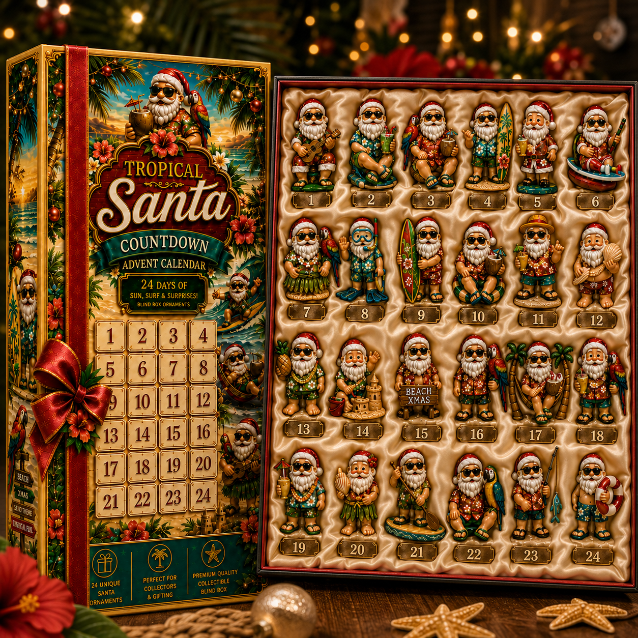 ✨24-Day Christmas Countdown Advent Calendar –Beach-vacation Santa Claus