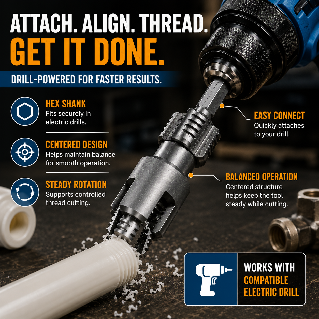 Drill-Powered Pipe Thread Cutting Bit — Internal & External Threading for 1/2" & 3/4" Plastic Pipes - image 5