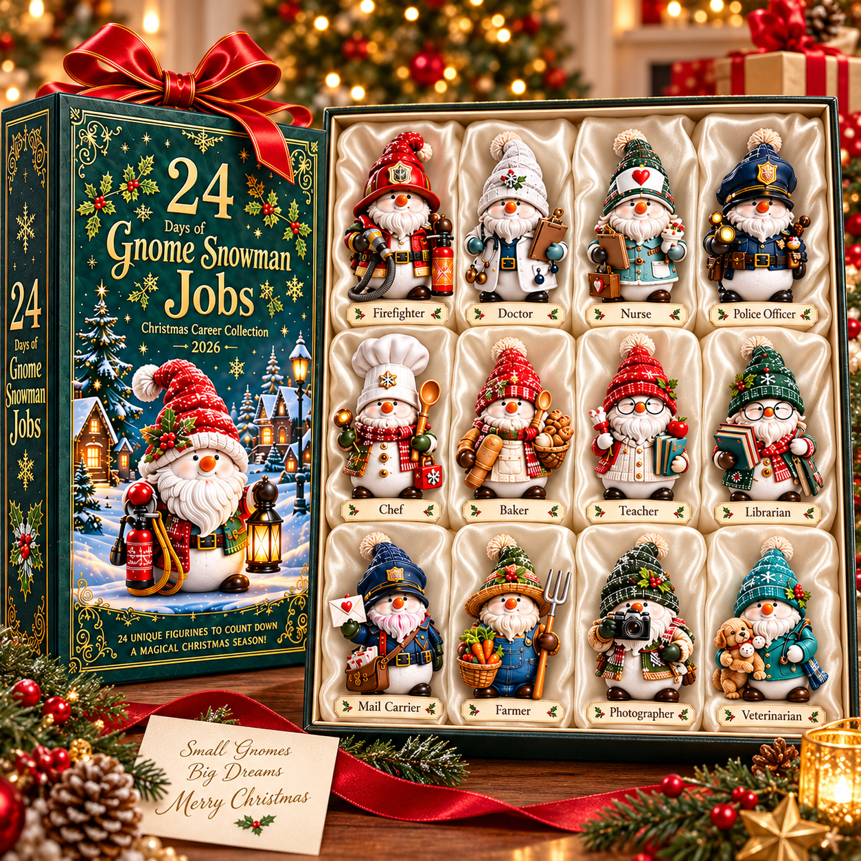2026 Gnome Snowman Jobs 24-Day Christmas Countdown Calendar – 24 Unique Career Snowman Gnome Miniatures, Whimsical Holiday Collector’s Gift