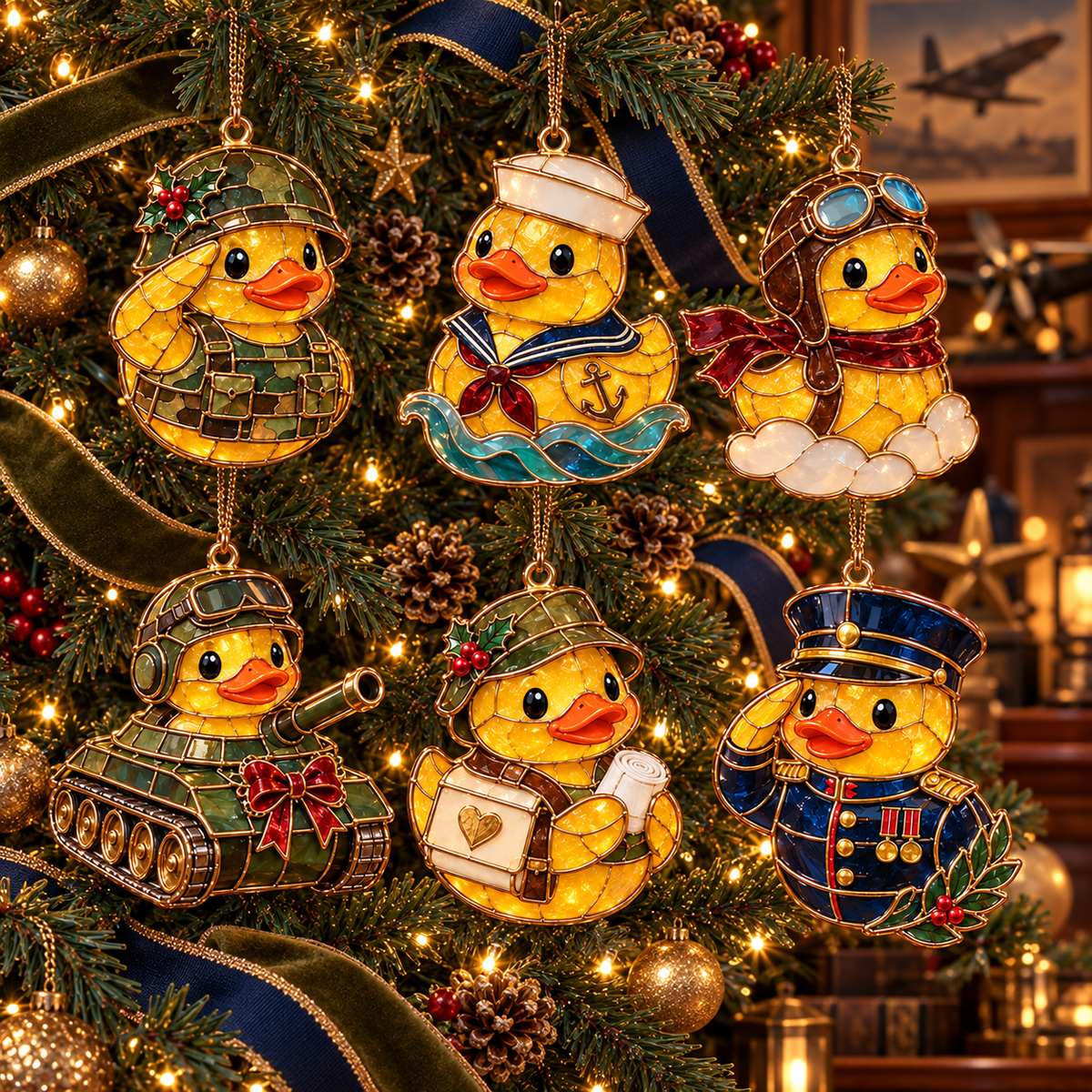 Military Duck Christmas Ornaments – 6-Piece Vintage Stained-Glass Style Gift Set
