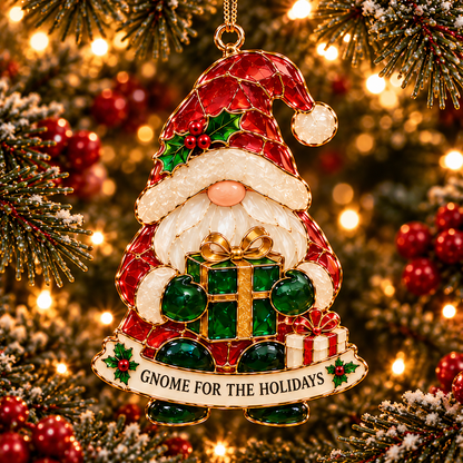 Gnome for the Holidays – 6-Piece Stained Glass–Style Christmas Ornament Set with Heartwarming Wishes