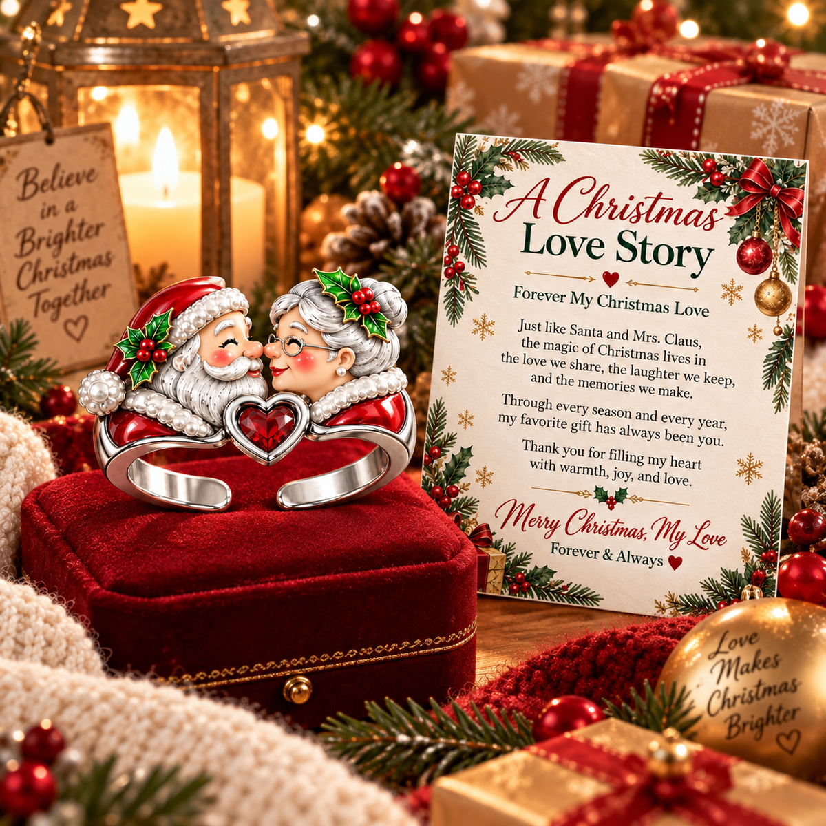 A Christmas Love Story – Santa & Mrs. Claus Adjustable Heart Ring with Romantic Message Card | Christmas Gift for Wife
