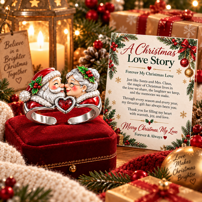 A Christmas Love Story – Santa & Mrs. Claus Adjustable Heart Ring with Romantic Message Card | Christmas Gift for Wife