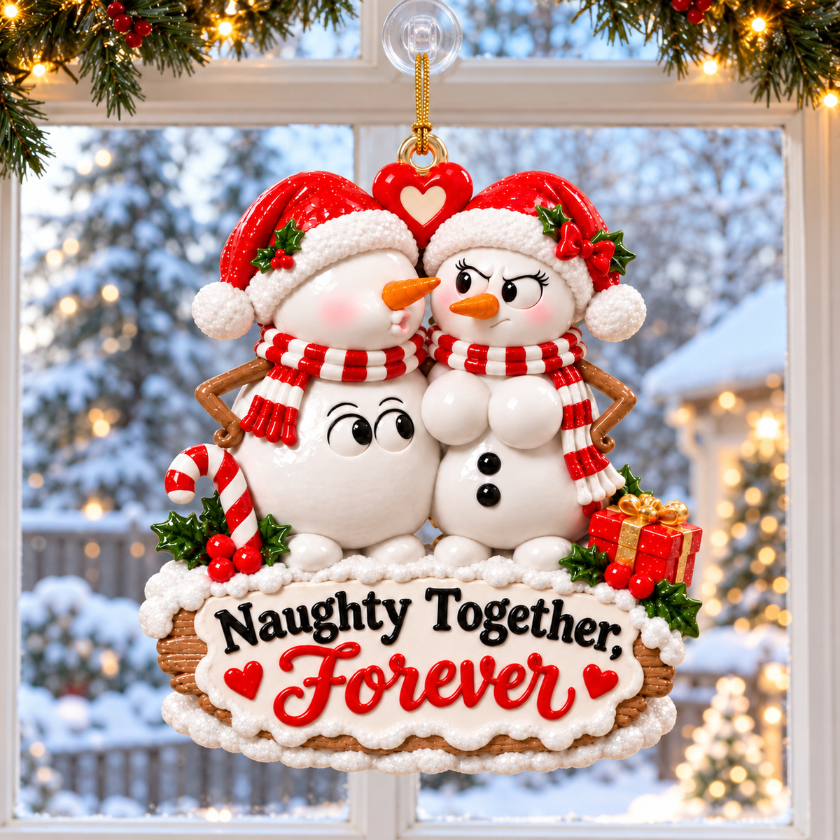 Funny snowman couple ornament hanging in a snowy Christmas window