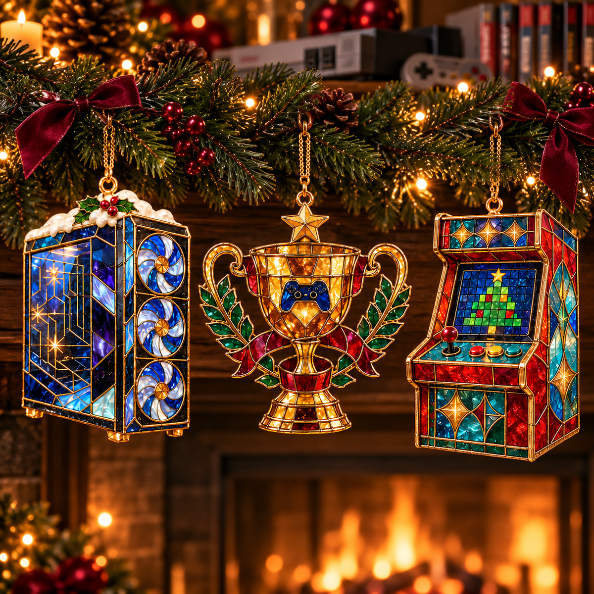 Level Up Your Christmas – 6-Piece Vintage Stained Glass Gaming Ornament Set
