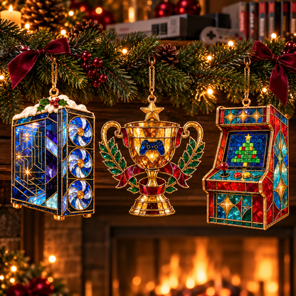 Level Up Your Christmas – 6-Piece Vintage Stained Glass Gaming Ornament Set