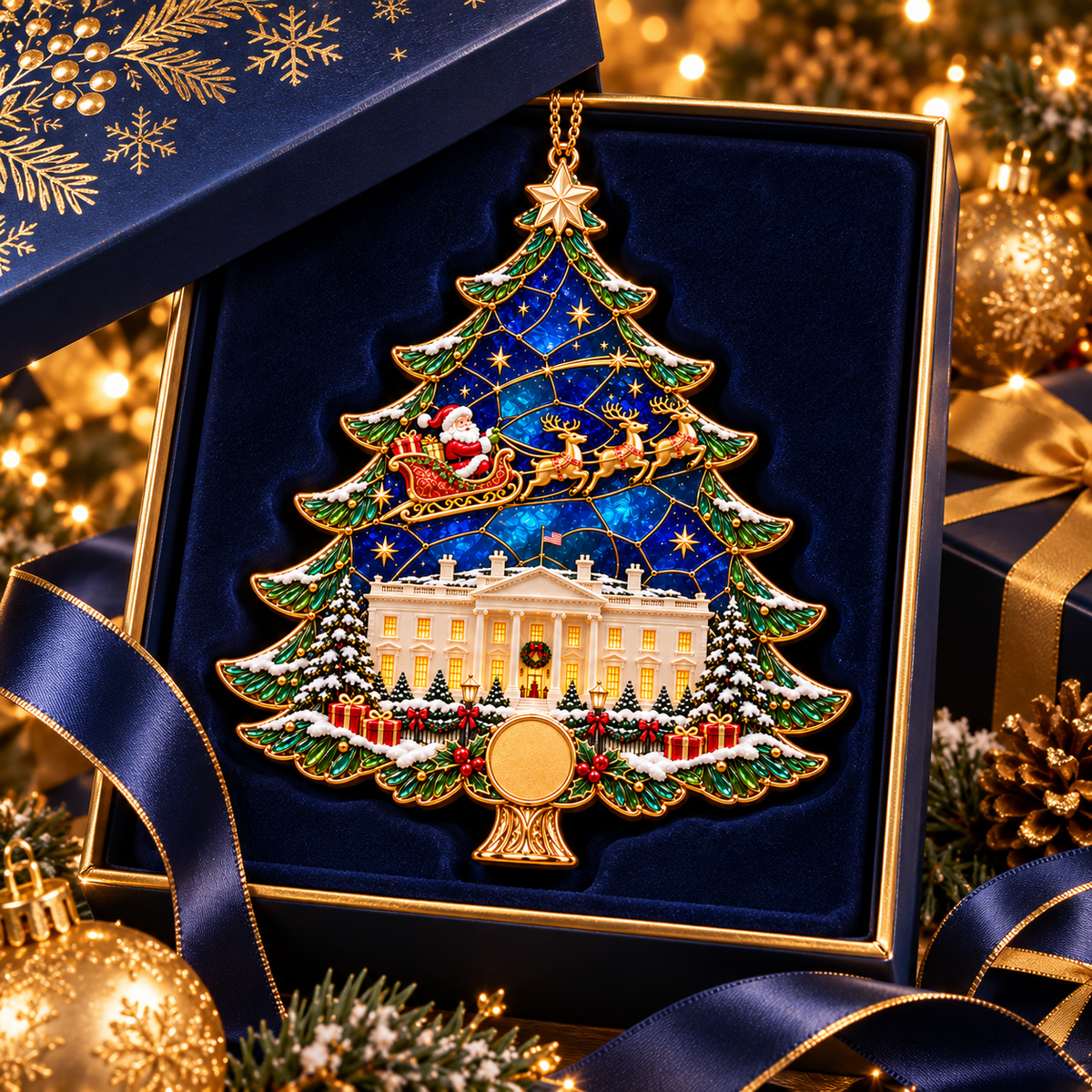 2026 250th Anniversary Stained Glass Christmas Tree Ornament β Santa Sleigh & White House Commemorative Holiday Keepsake, 1776β2026