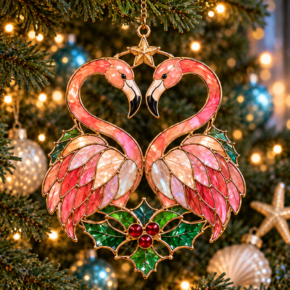 Coastal Christmas Flamingo Ornaments – Vintage Stained-Glass Style, 6-Piece Set