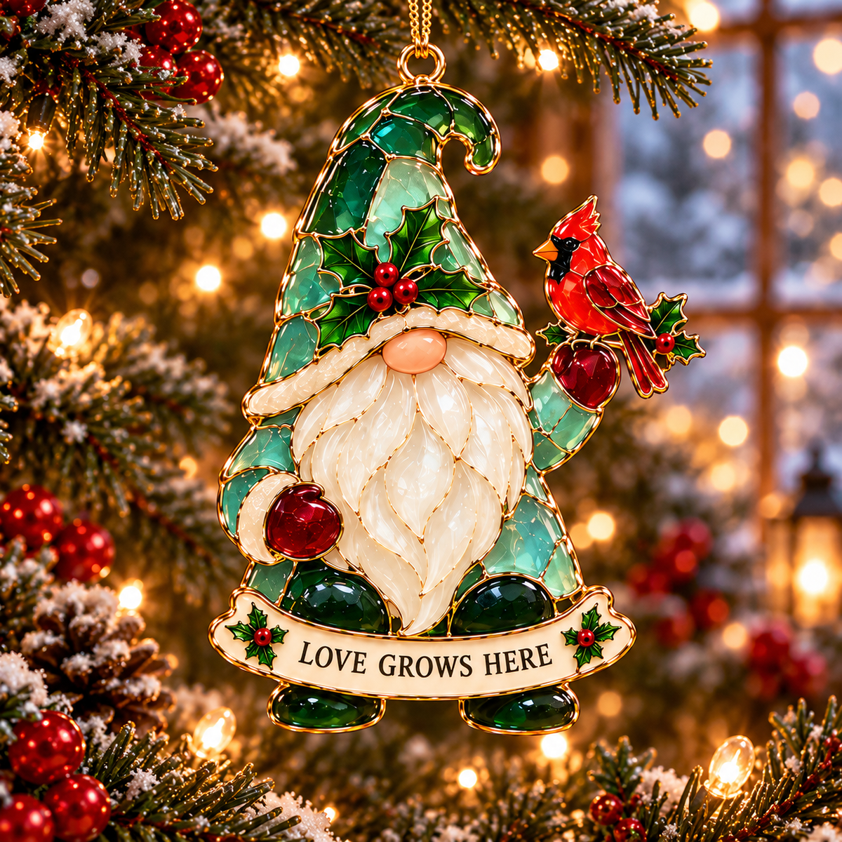 Gnome for the Holidays – 6-Piece Stained Glass–Style Christmas Ornament Set with Heartwarming Wishes