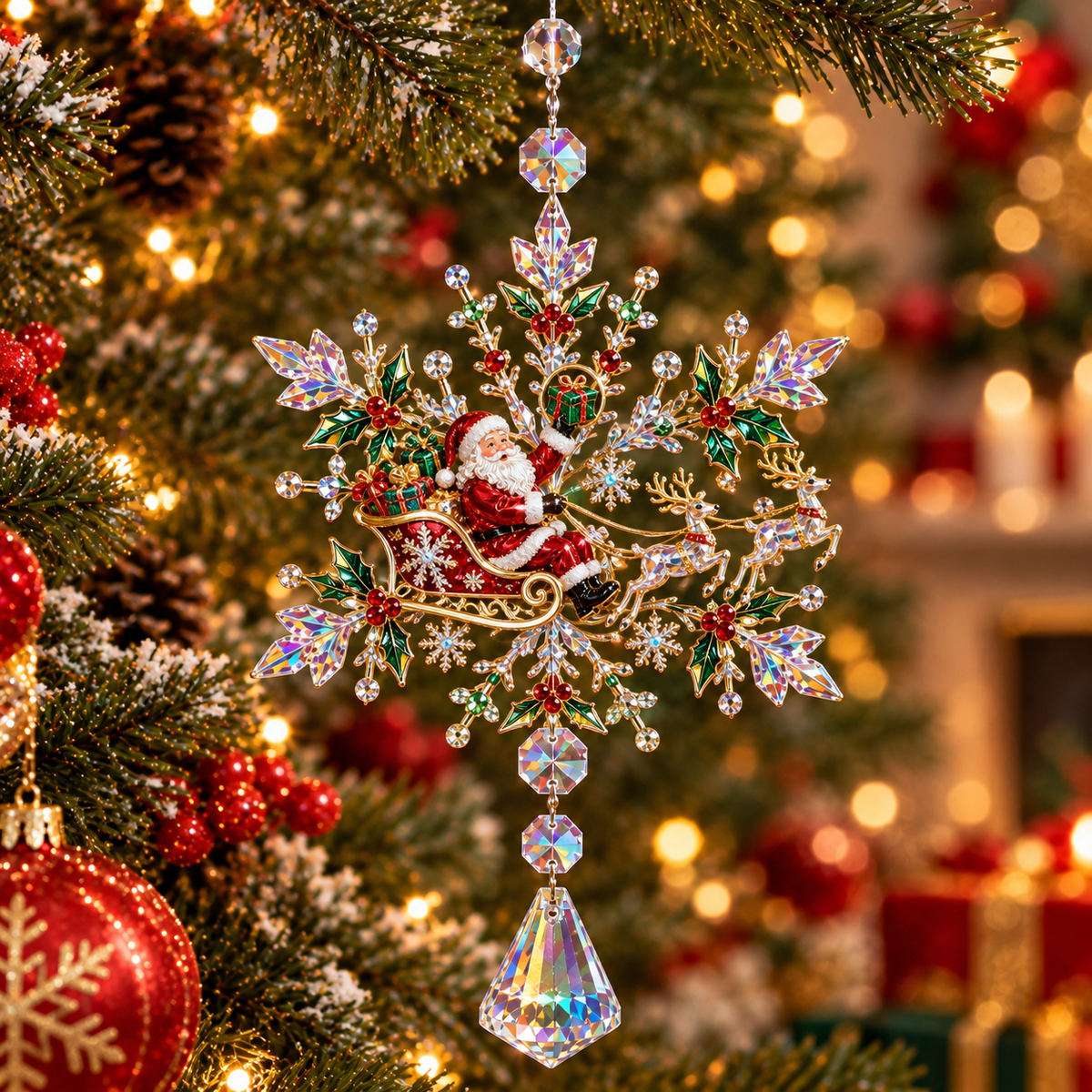 2026 Santa Sleigh Crystal Snowflake Ornament – Sparkling Reindeer & Holly Christmas Suncatcher, Elegant Holiday Tree Decoration & Keepsake Gift