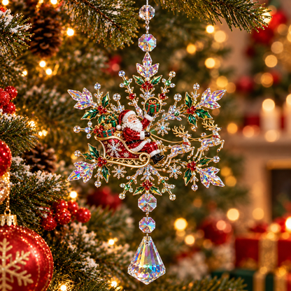 2026 Santa Sleigh Crystal Snowflake Ornament – Sparkling Reindeer & Holly Christmas Suncatcher, Elegant Holiday Tree Decoration & Keepsake Gift