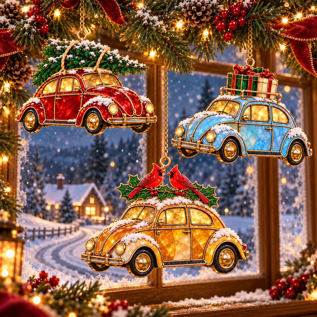Vintage Christmas Rides – 6-Piece Stained-Glass Style Car Ornament Set