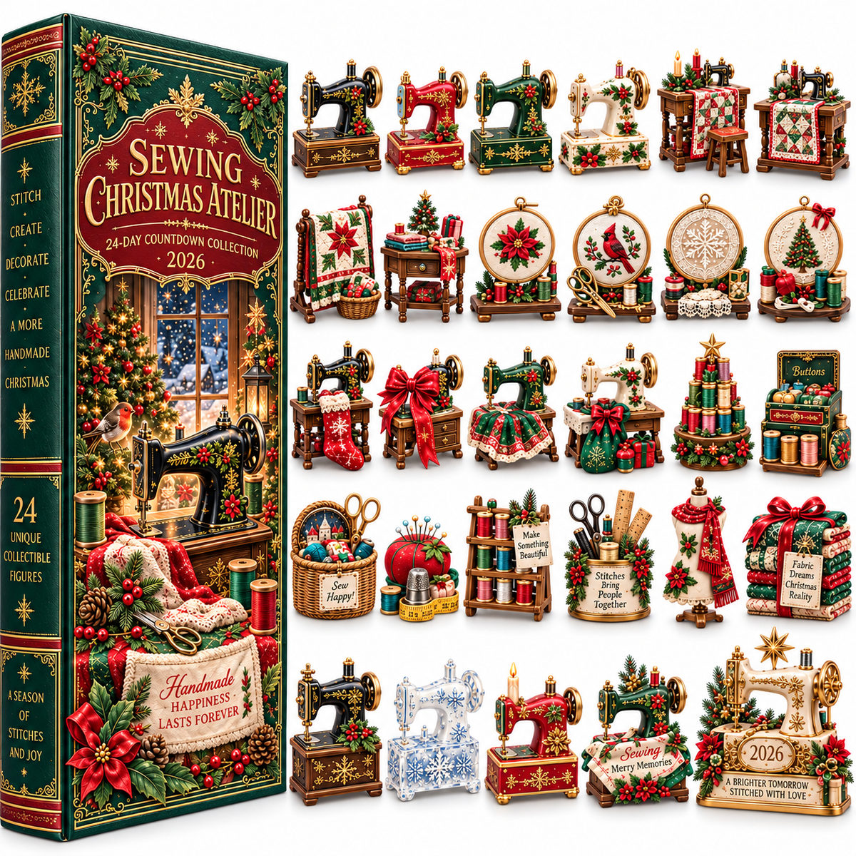 Sewing Christmas Atelier 2026 – 24-Day Countdown Collection with 24 Unique Sewing & Quilting Miniatures, Handmade Holiday Collectible Gift for Sewing Lovers