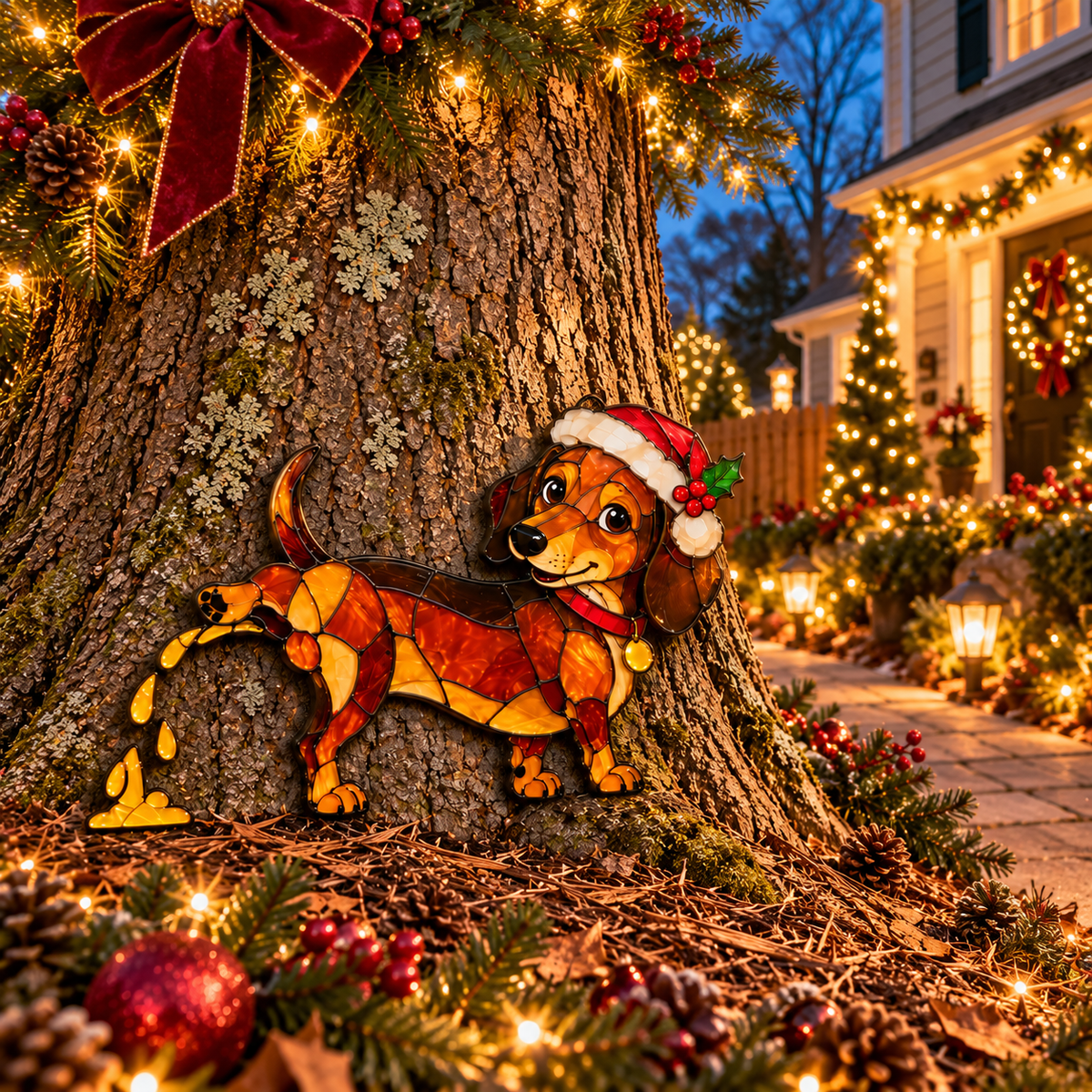 Funny Peeing Dachshund Christmas Decoration – Stained Glass-Style Sausage Dog Yard Art & Baseboard Decor