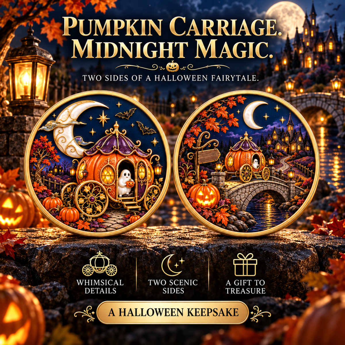 2026 Enchanted Halloween Collectible Coins – 8 Double-Sided Designs with Witches, Ghosts & Moonlit Villages