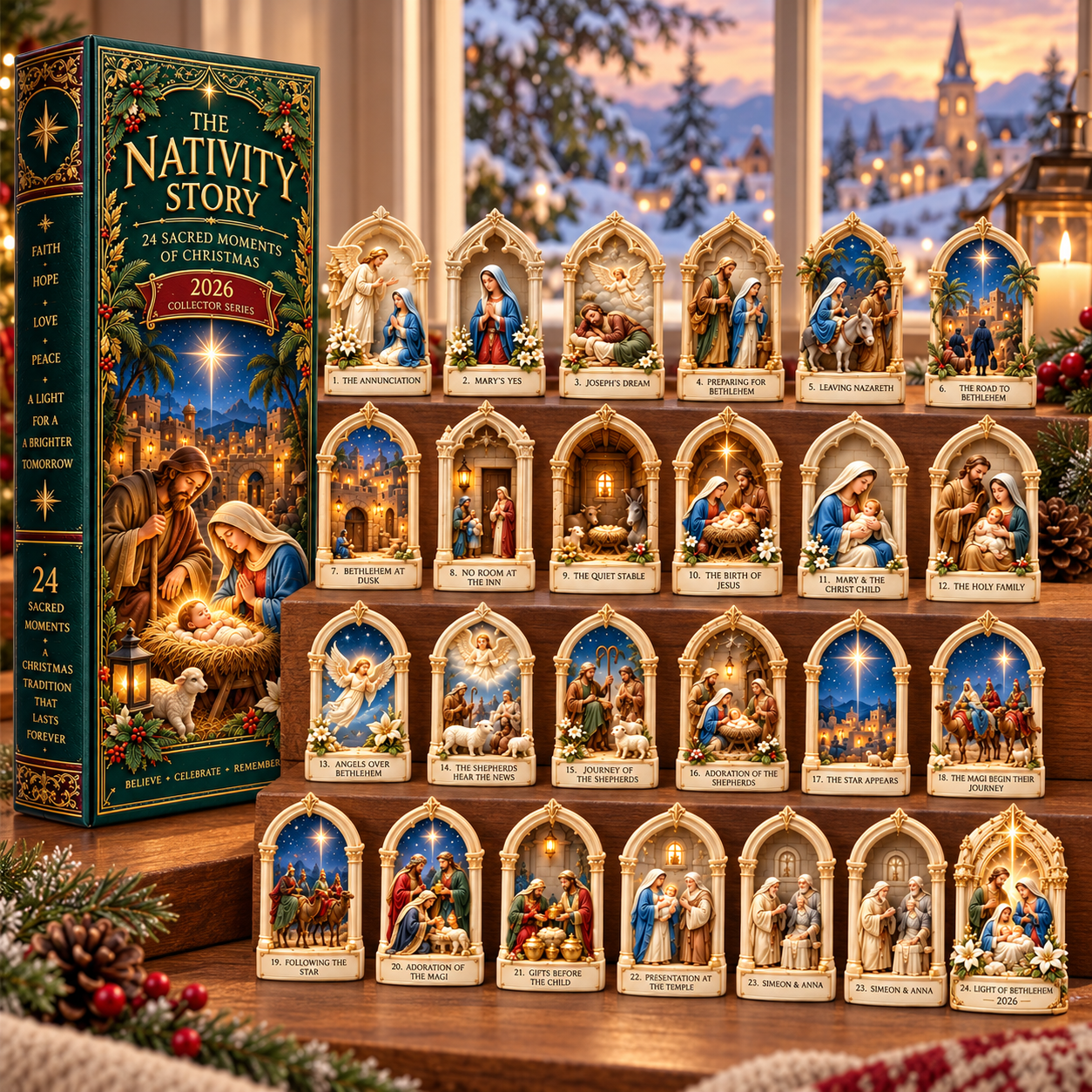 Nativity Story 2026 – 24 Sacred Moments of Christmas Countdown Calendar with 24 Unique Nativity Miniatures, Christian Christmas Collectible Gift