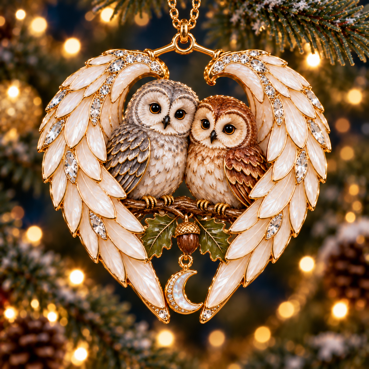 Owl Pair and Acorn angel wing heart ornament