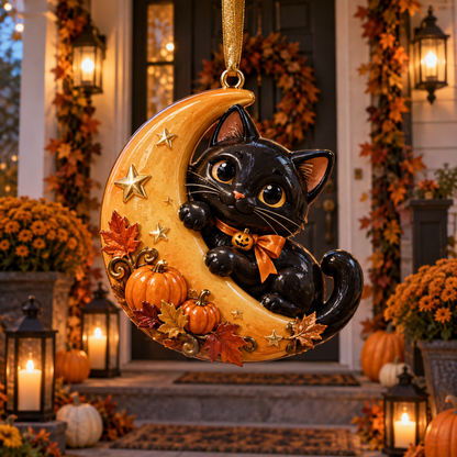 Black Cat Crescent Moon Halloween Ornament -  Spooky-Cute Hanging Keepsake Collection, Festive Halloween Gift for Cat Lovers & Family