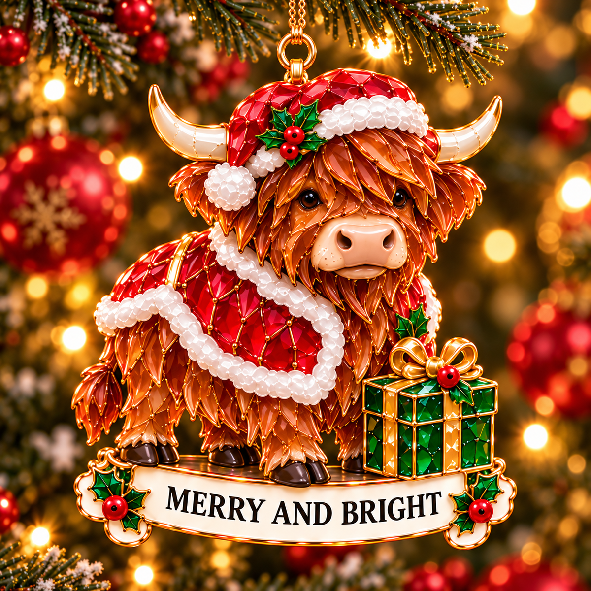 2026 Highland Cow Christmas Ornaments – 6 Festive Designs with Stained-Glass Charm & Heartwarming Wishes