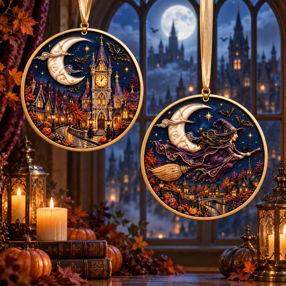 2026 Moonlit Halloween Village Hanging Ornaments – 9 Enchanting Designs with Witches, Ghosts & Pumpkin Magic