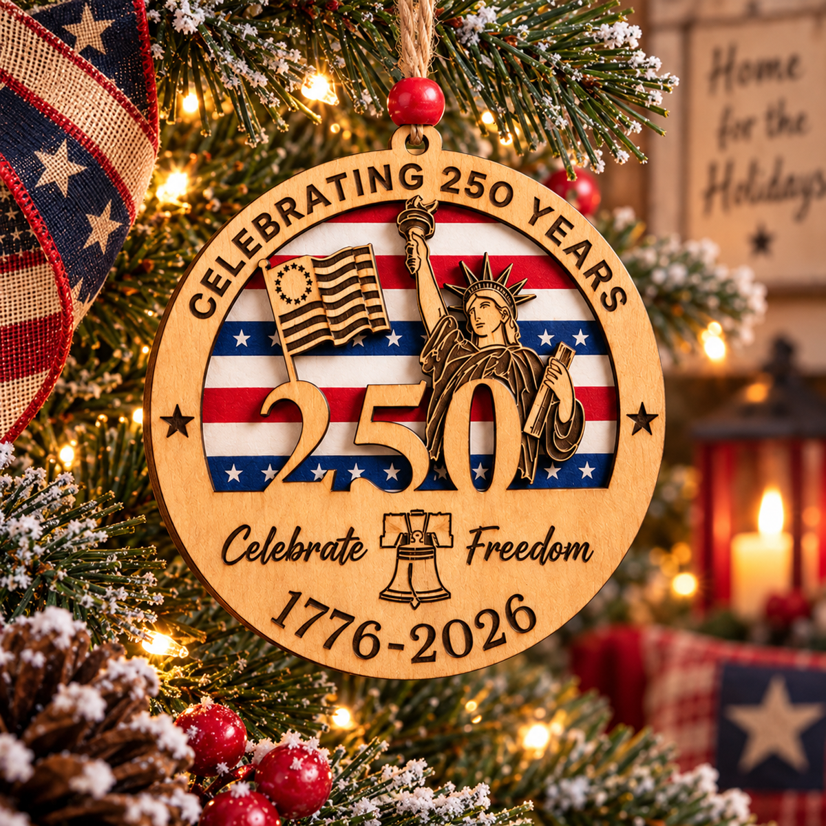 Celebrate Freedom 250th Anniversary Christmas Ornament –  Layered Wooden Patriotic Keepsake, 1776–2026