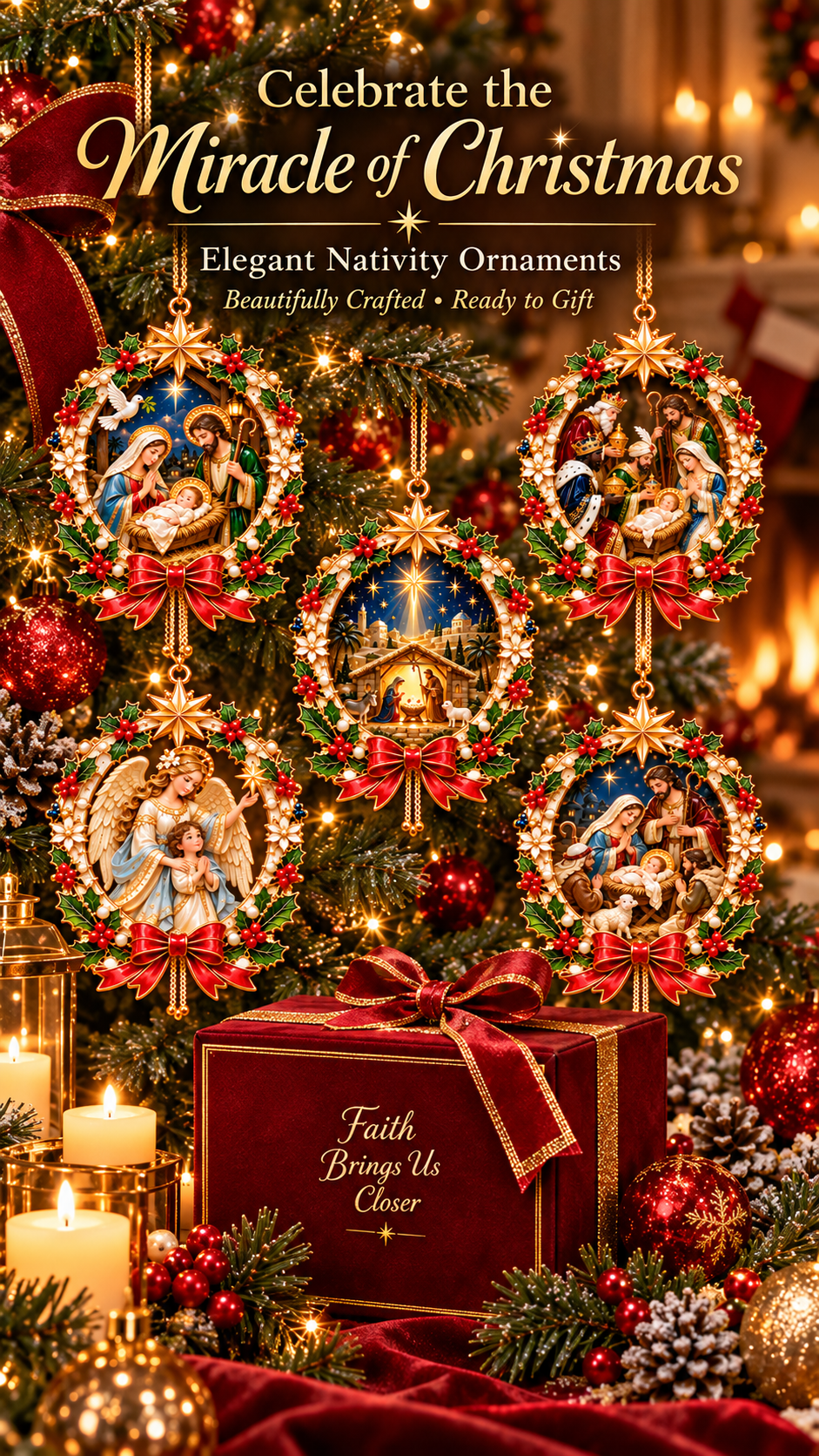 Nativity story scenes on Christmas tree branches