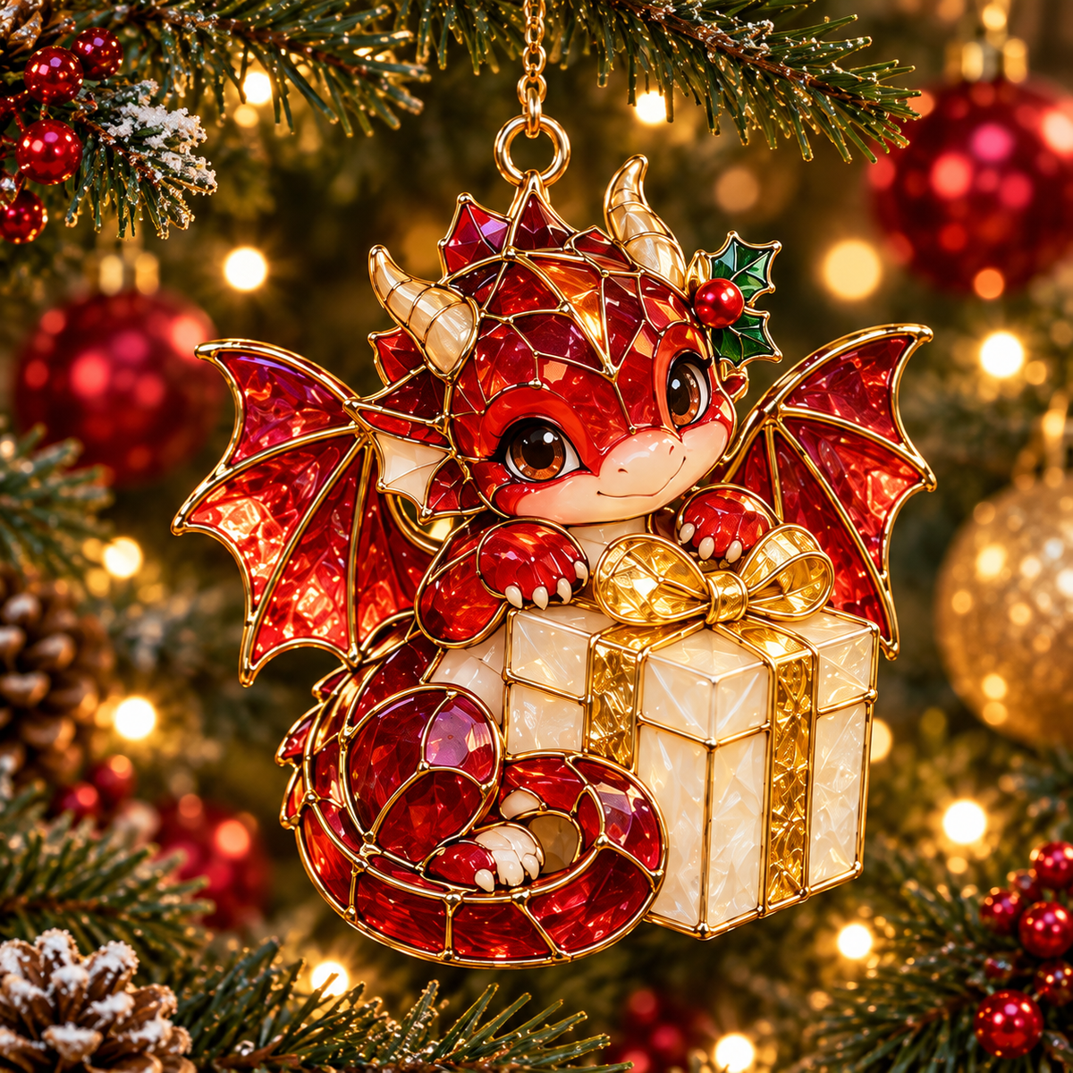 Enchanted Christmas Dragons – 6-Piece Vintage Stained Glass-Style Ornament Set