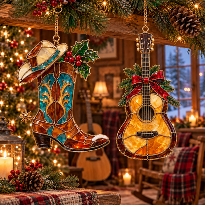 Country Christmas Charm – 6-Piece Vintage Stained Glass–Style Ornament Set