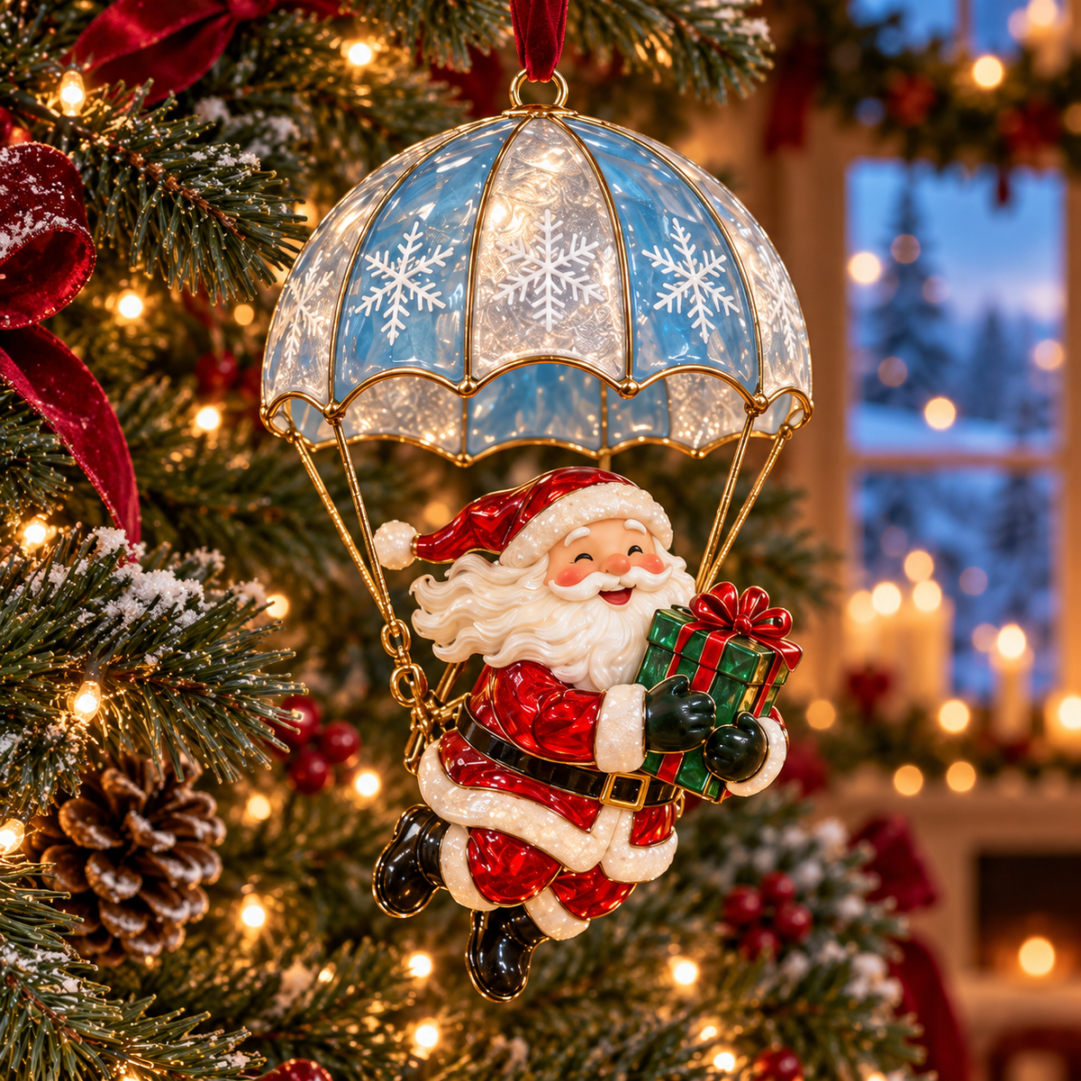 Santa beneath icy blue snowflake parachute holding wrapped Christmas gifts