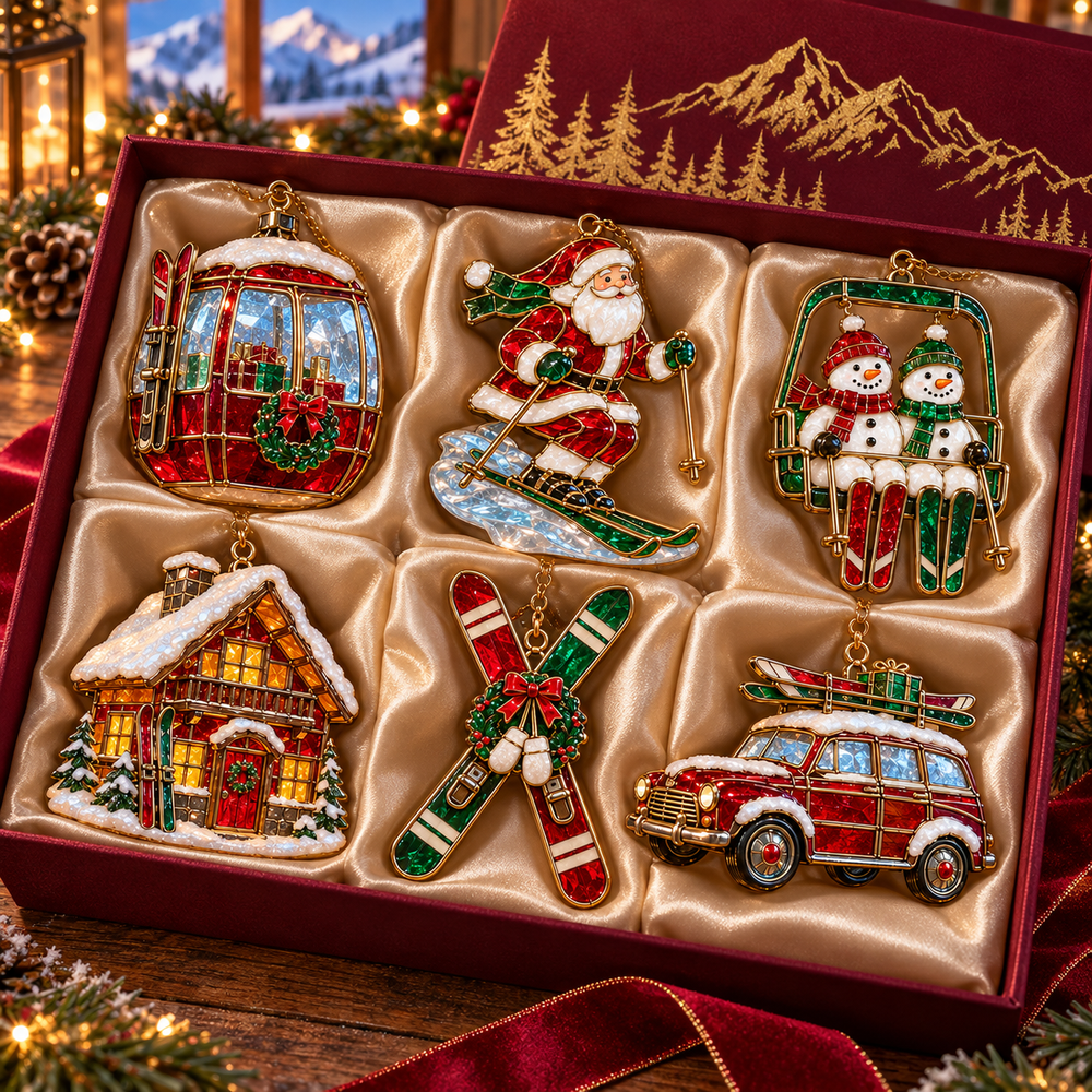 Complete six piece ski resort Christmas ornament collection