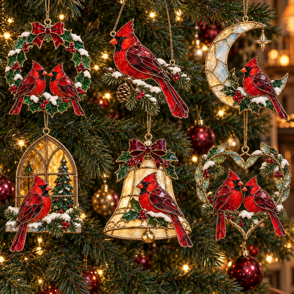 Cardinals of Christmas – Vintage Stained Glass-Style Ornaments, Set of 6