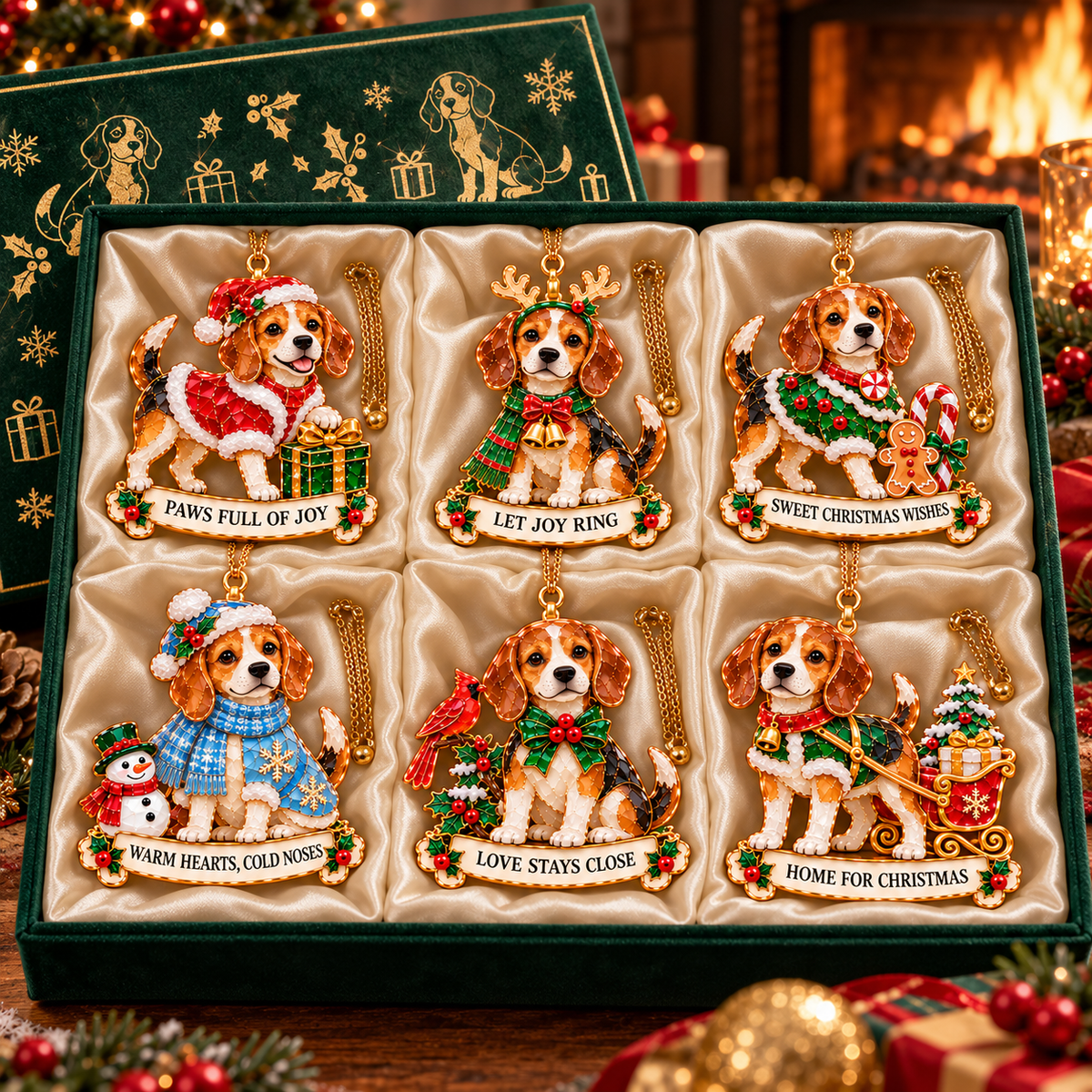 2026 Beagle Christmas Ornament Gift Set – 6 Festive Designs with Stained Glass Style & Heartwarming Wishes