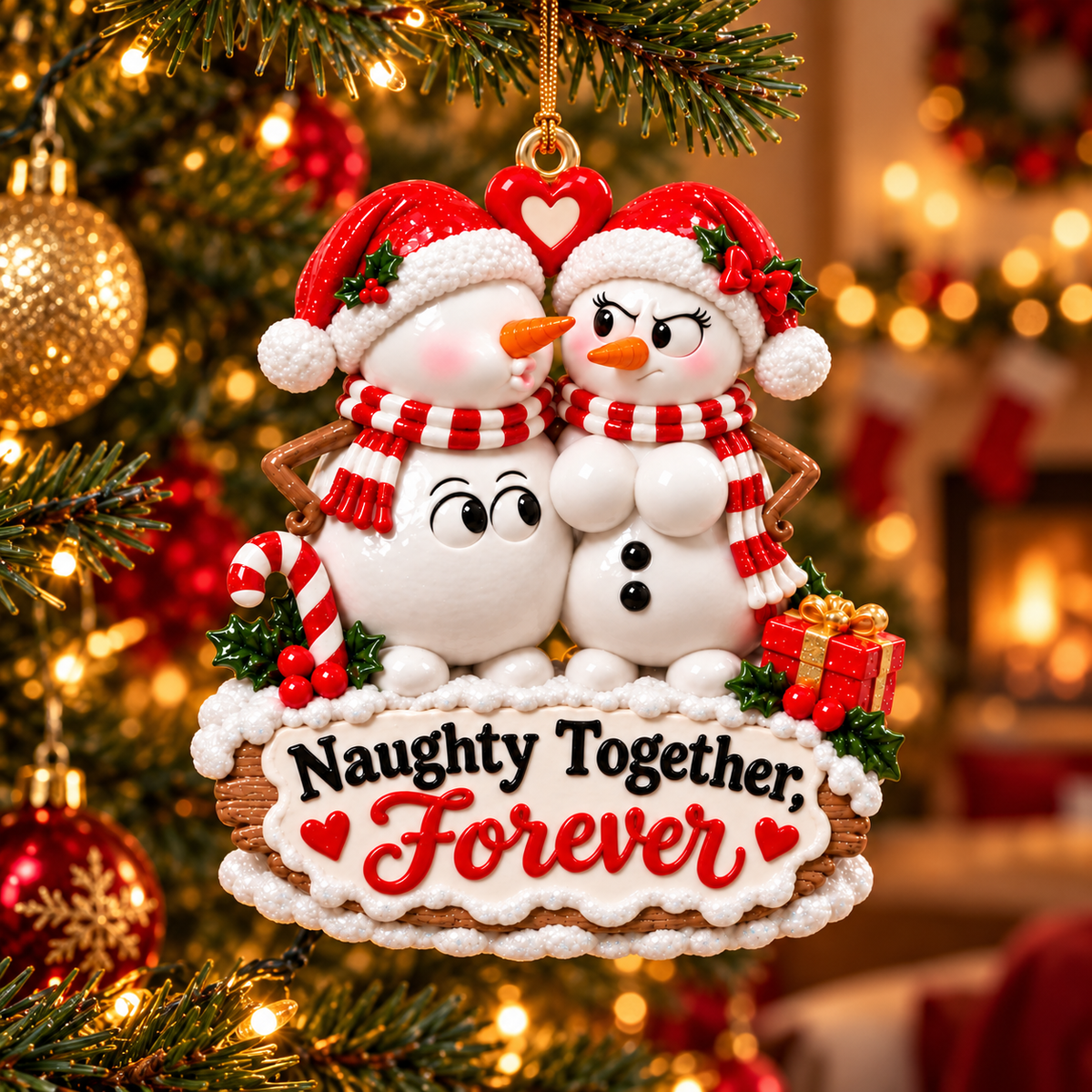 Funny Naughty Together Forever snowman couple Christmas ornament hanging on a tree