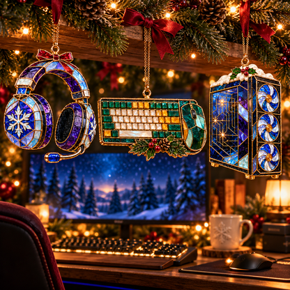 Level Up Your Christmas – 6-Piece Vintage Stained Glass Gaming Ornament Set