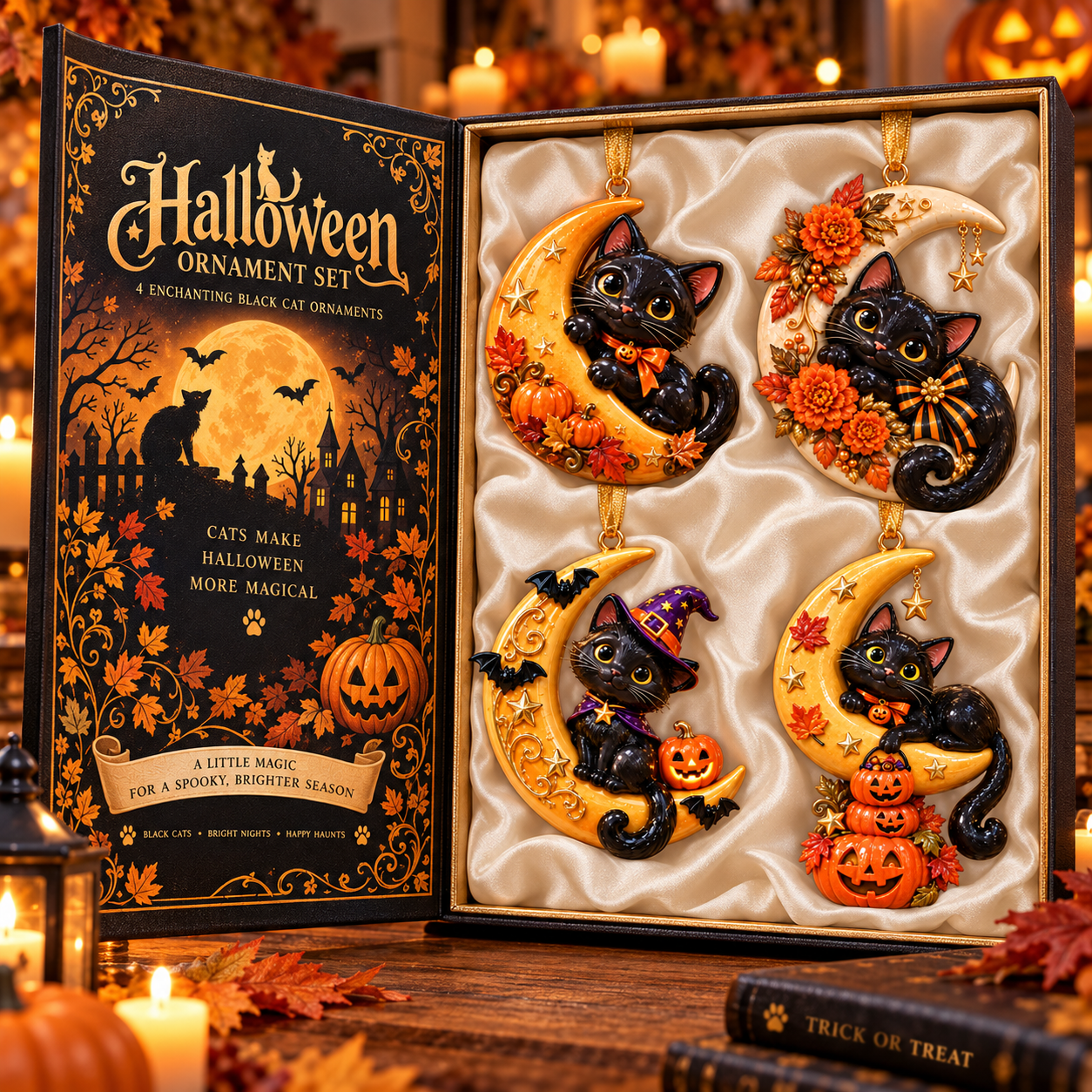 Black Cat Crescent Moon Halloween Ornament -  Spooky-Cute Hanging Keepsake Collection, Festive Halloween Gift for Cat Lovers & Family