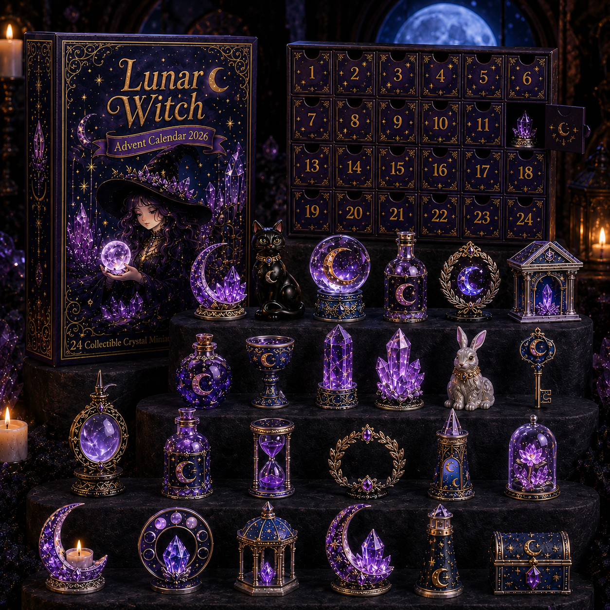 Lunar Witch Advent Calendar 2026 – 24 Enchanted Crystal Miniatures for a Magical Moonlit Countdown