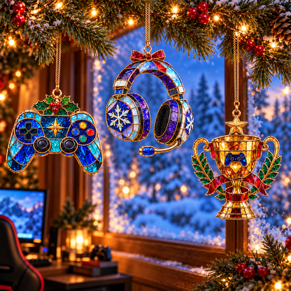 Level Up Your Christmas – 6-Piece Vintage Stained Glass Gaming Ornament Set