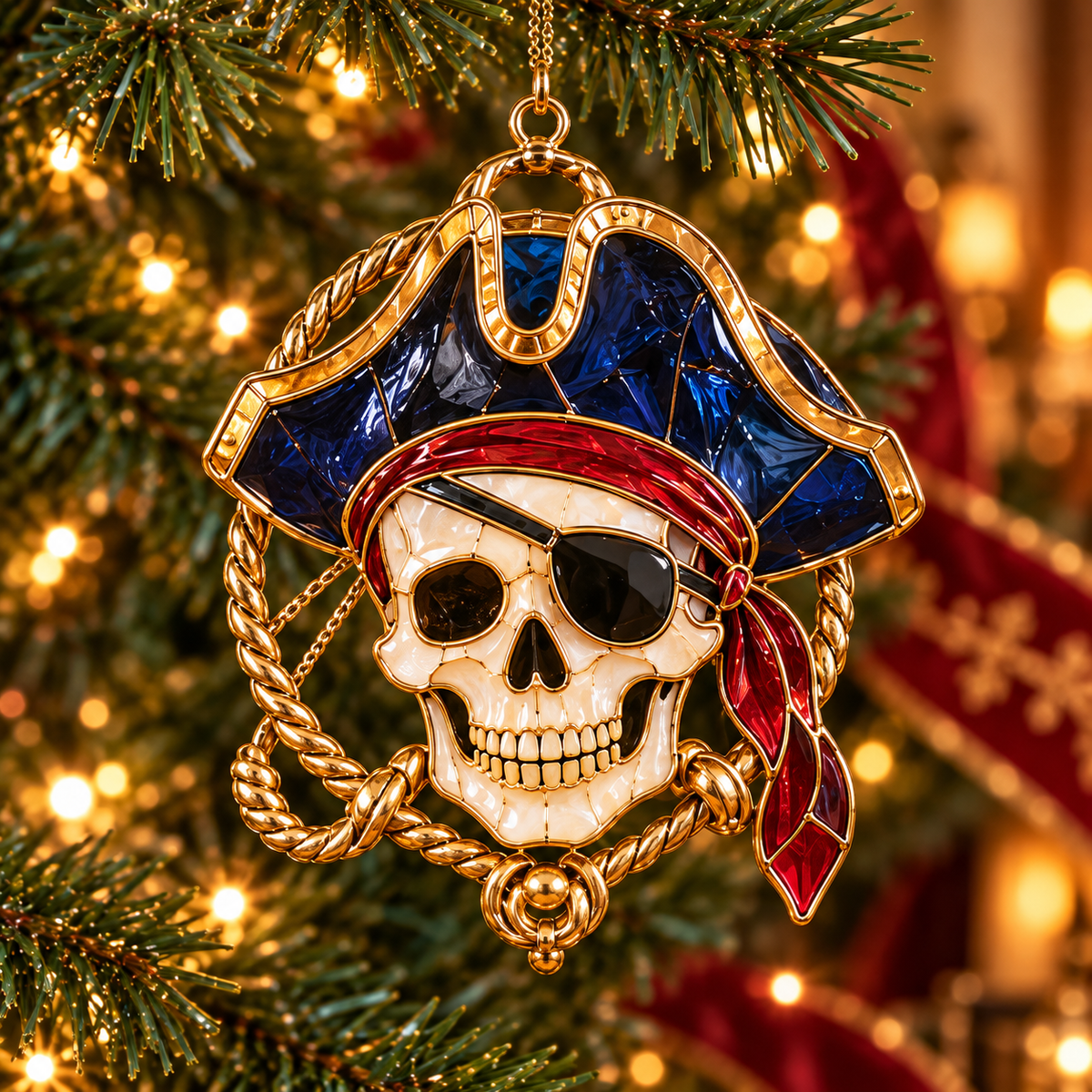 Pirate Adventures – Vintage Stained Glass-Style Christmas Ornaments, Set of 6