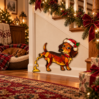 Funny Peeing Dachshund Christmas Decoration – Stained Glass-Style Sausage Dog Yard Art & Baseboard Decor