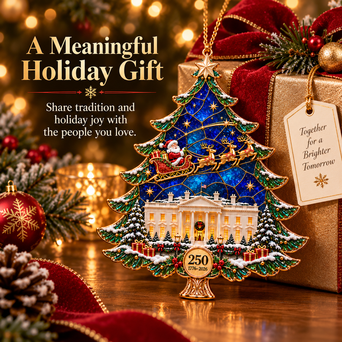 2026 250th Anniversary Stained Glass Christmas Tree Ornament – Santa Sleigh & White House Commemorative Holiday Keepsake, 1776–2026