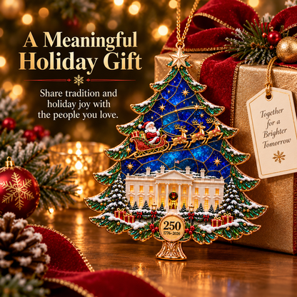 2026 250th Anniversary Stained Glass Christmas Tree Ornament – Santa Sleigh & White House Commemorative Holiday Keepsake, 1776–2026