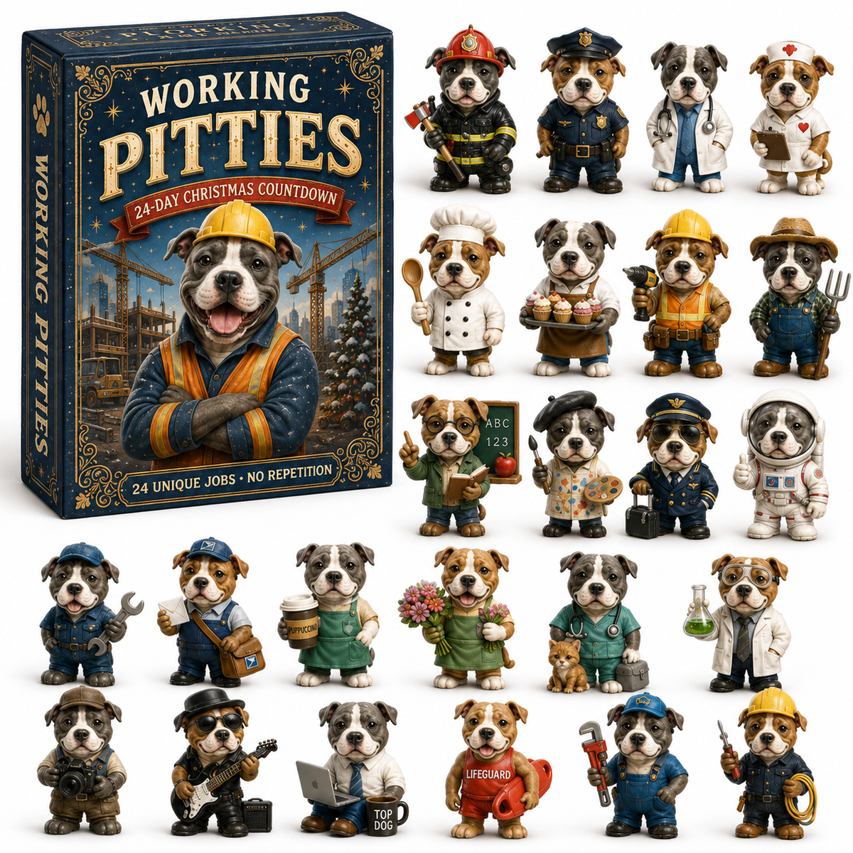2026 Working Pitties 24-Day Christmas Countdown Calendar – 24 Unique Career Pit Bull Miniatures, Funny Working Dog Collector’s Gift for Pittie Lovers